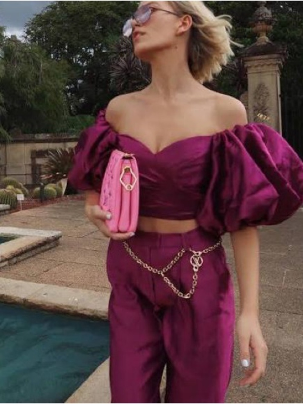 Aje Magenta High-Waisted Satin Straight-Leg Pants AU 4